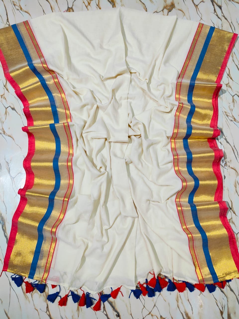 Red-blue-gold border "Festive Edit" mul cotton saree