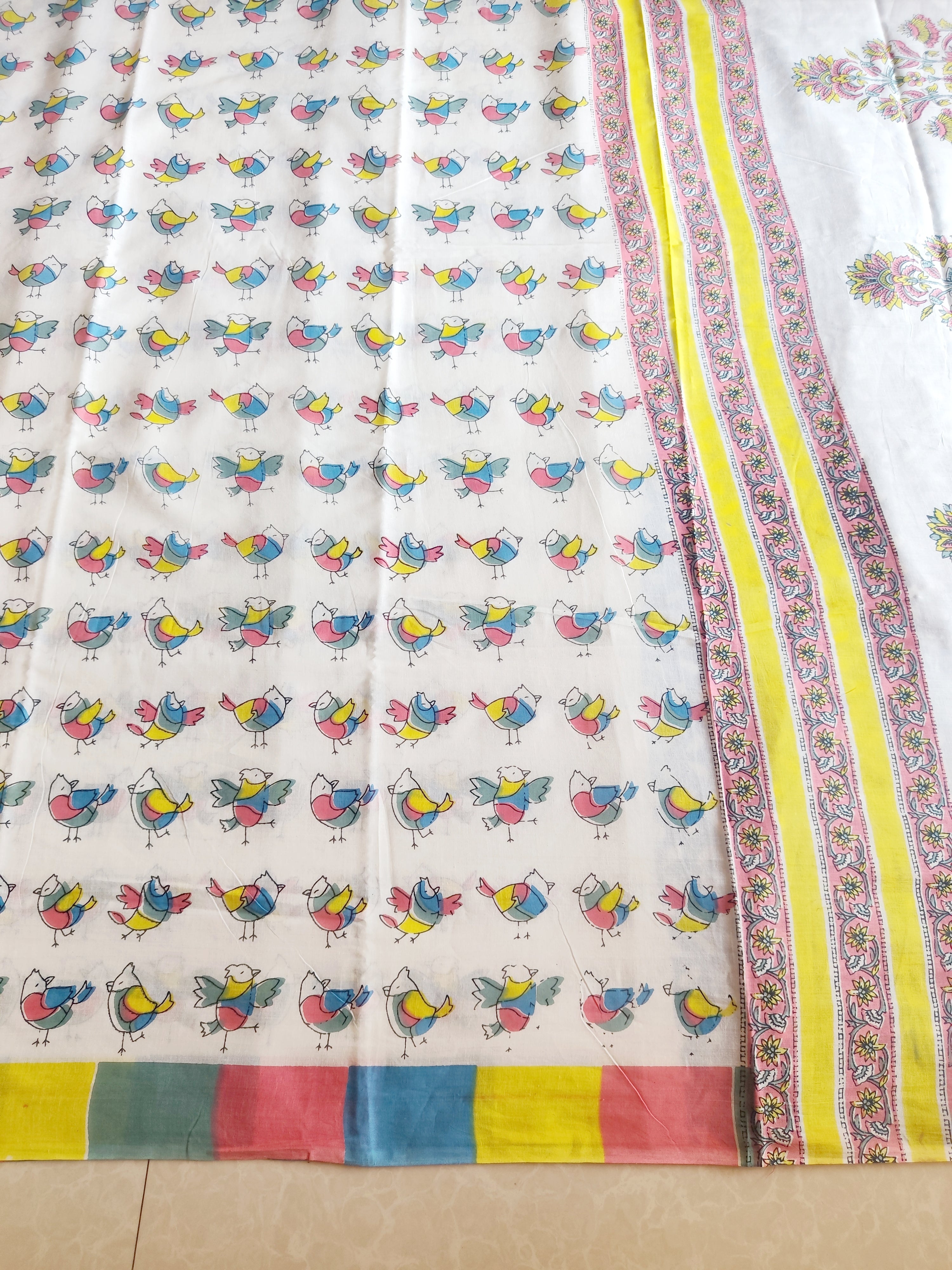 Quiry bird screen print on Jaipur mul mul cotton saree
