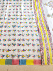 Quiry bird screen print on Jaipur mul mul cotton saree