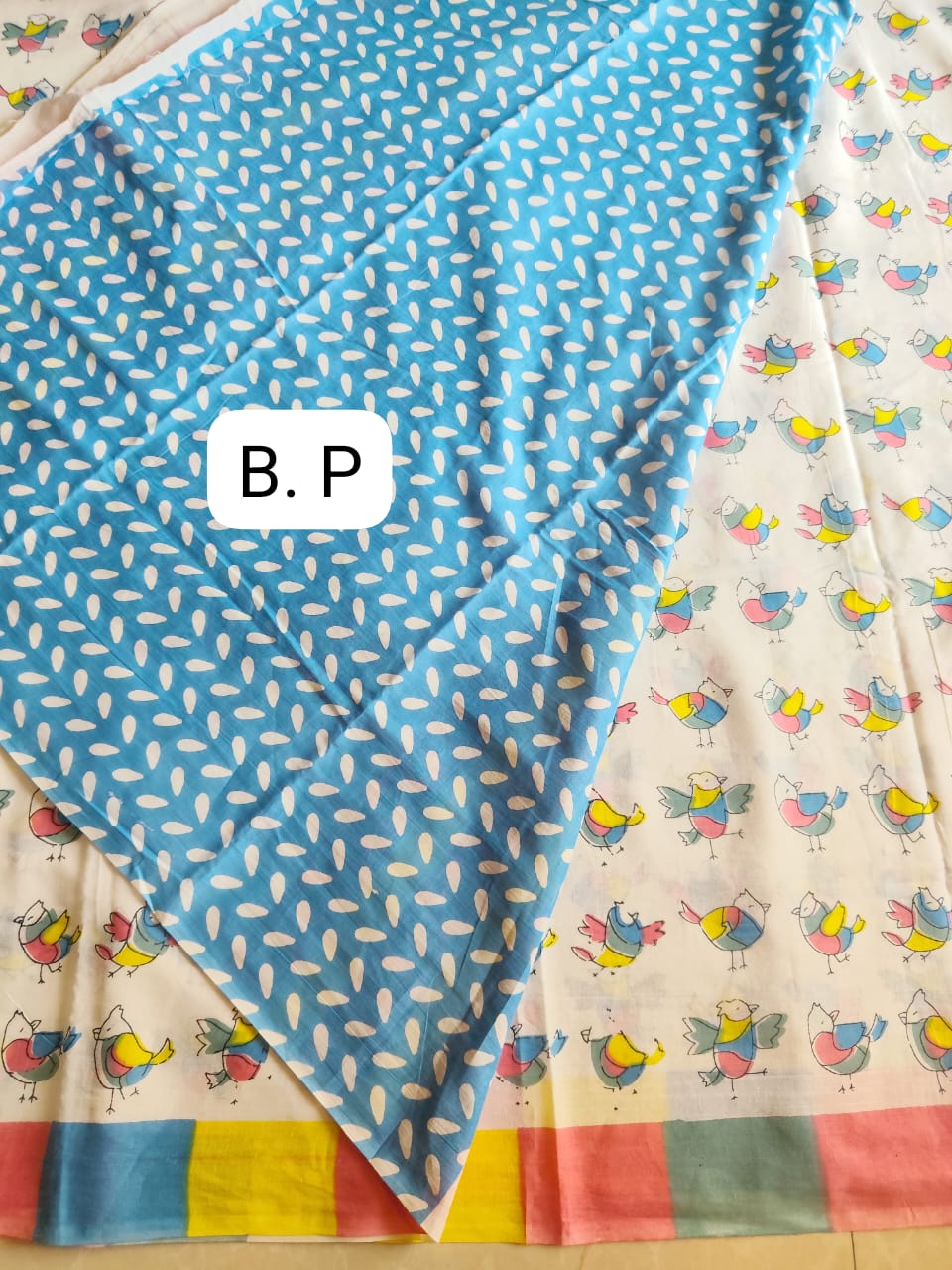 Quiry bird screen print on Jaipur mul mul cotton saree