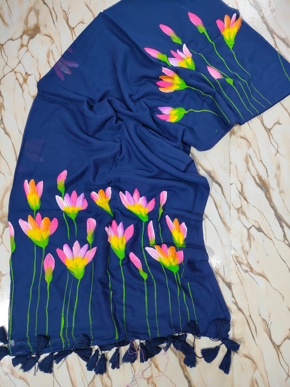 Hand-painted "Water lilies" mul cotton saree