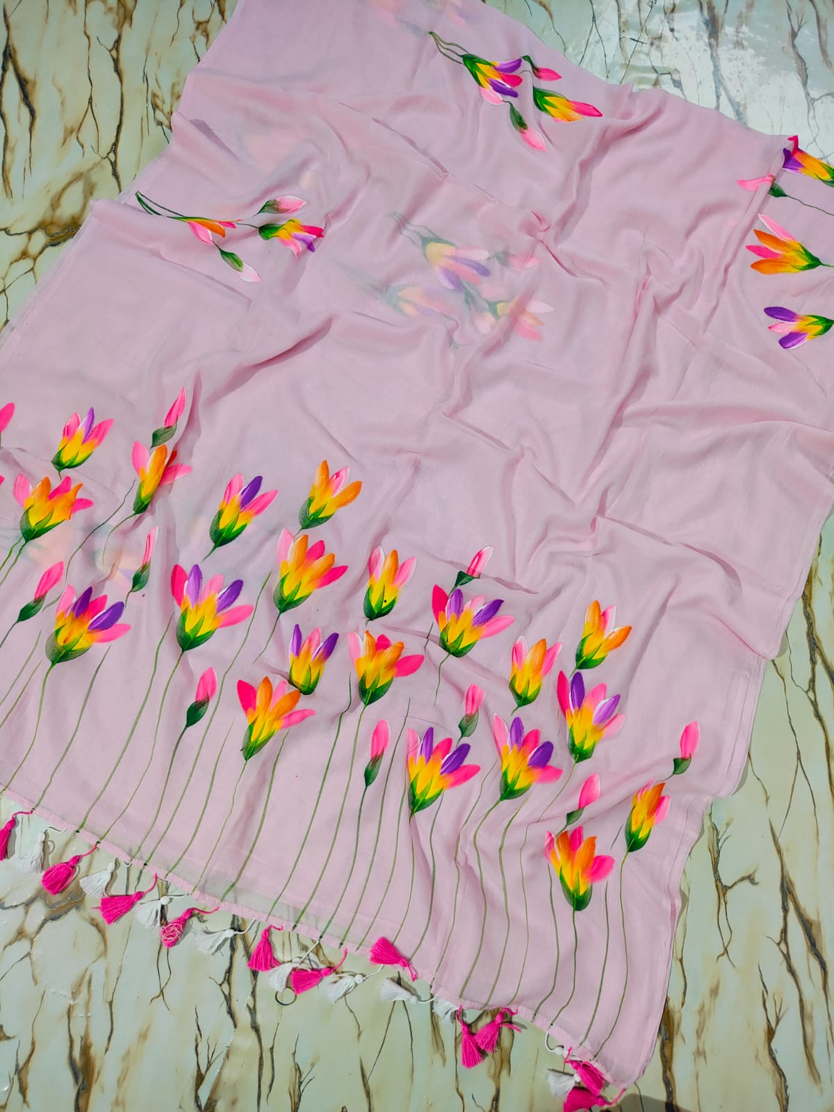 Hand-painted "Water lilies" mul cotton saree