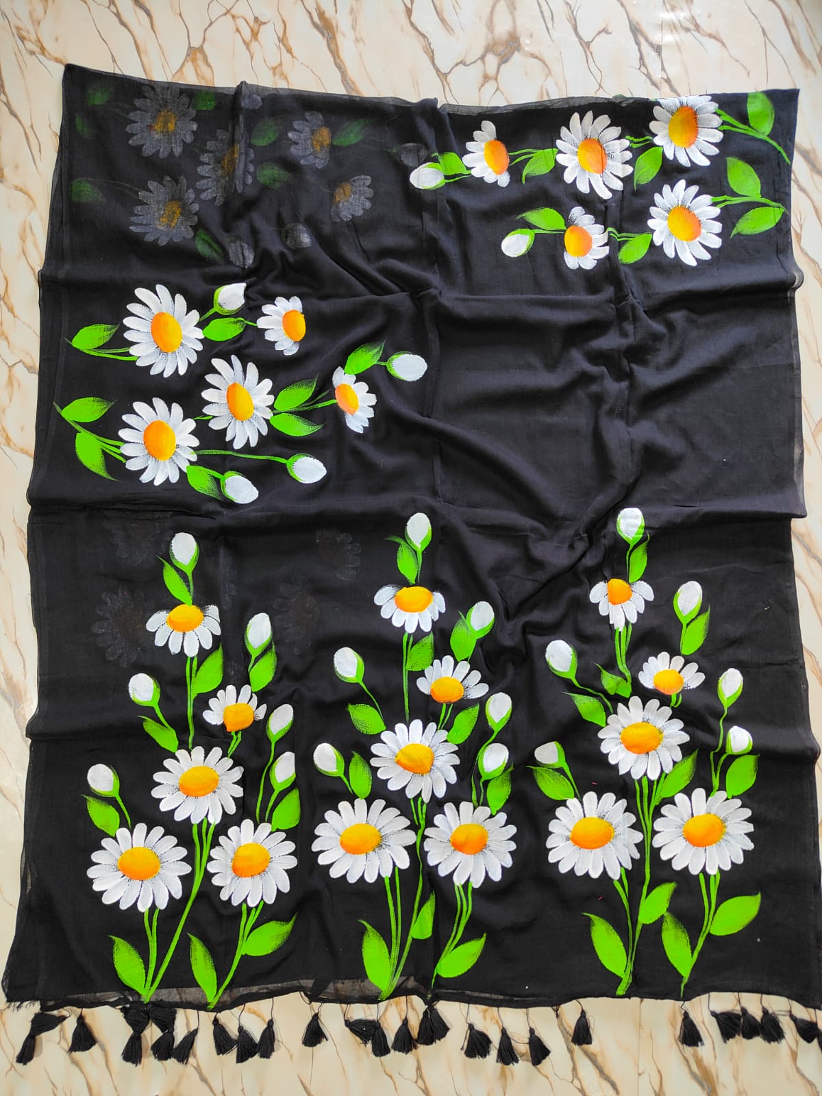 Hand painted " Daisy Nouveau " mul cotton saree