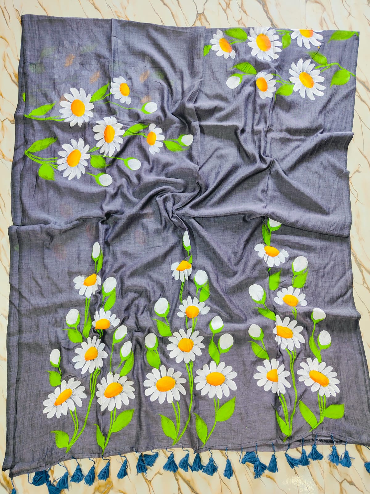 Hand painted " Daisy Nouveau " mul cotton saree
