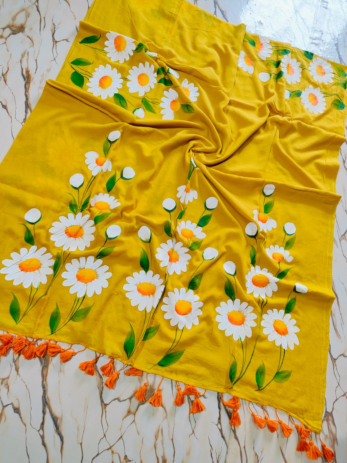 Hand painted " Daisy Nouveau " mul cotton saree