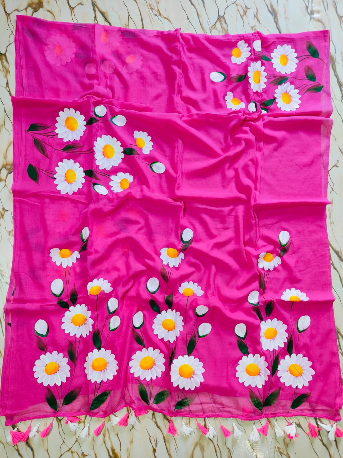 Hand painted " Daisy Nouveau " mul cotton saree