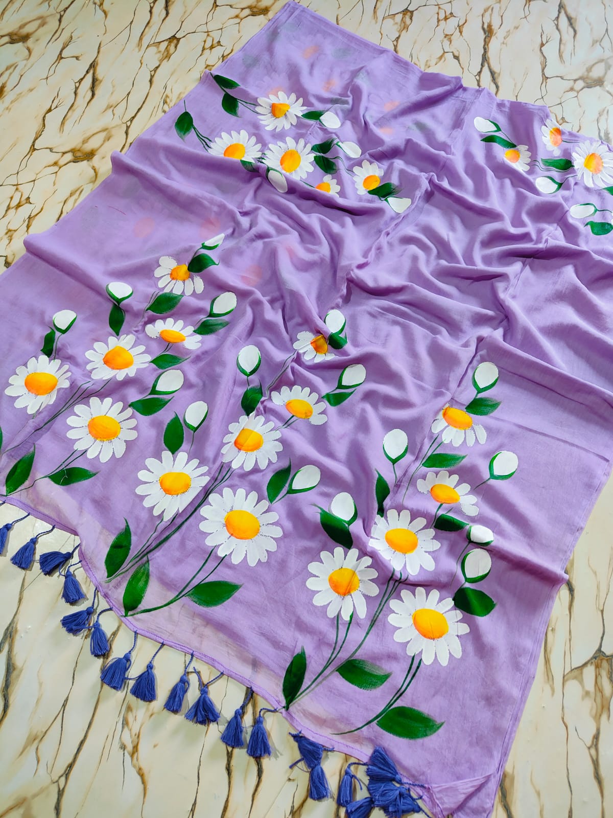 Hand painted " Daisy Nouveau " mul cotton saree