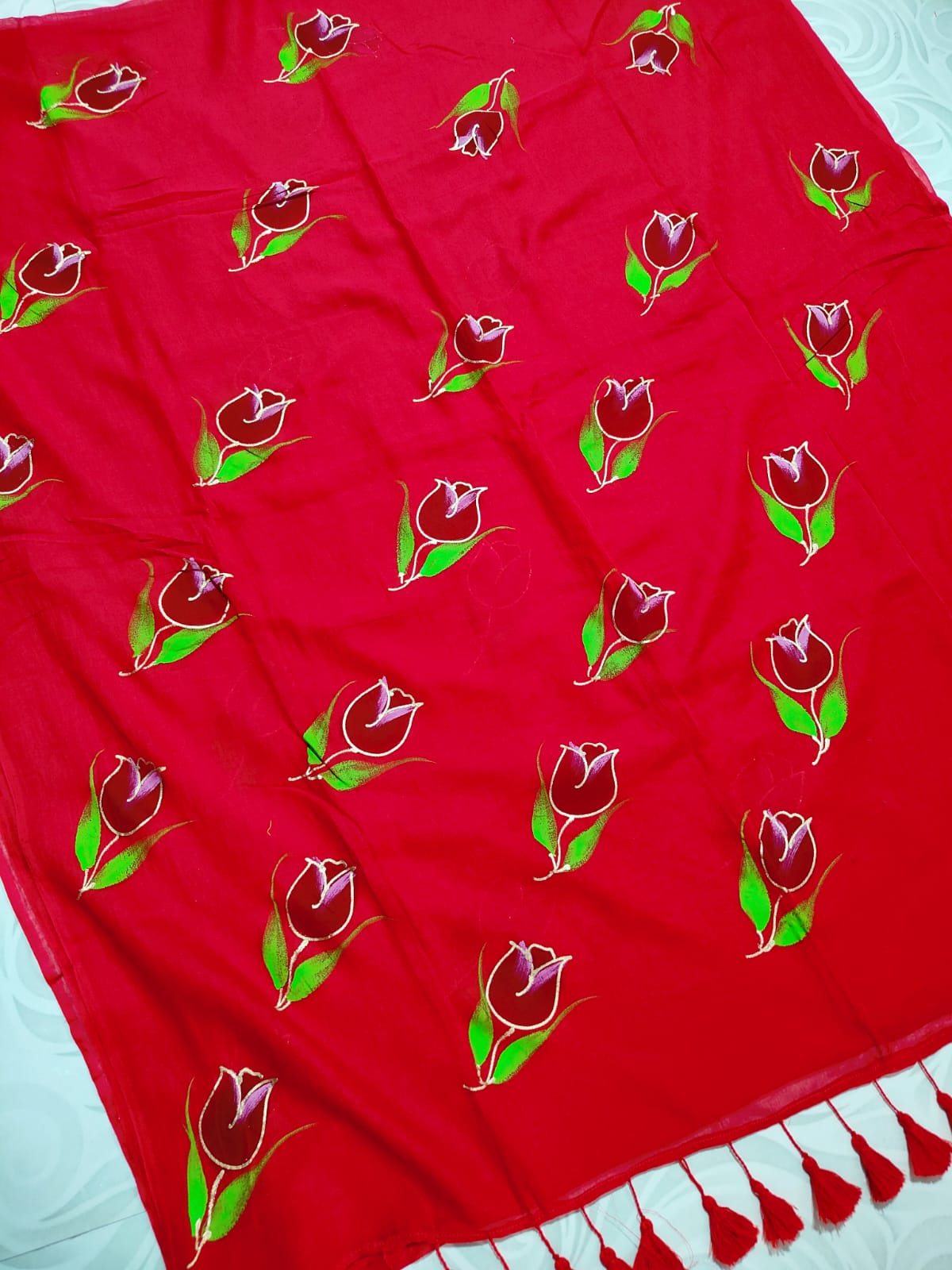 Single tulip hand painted mul cotton saree