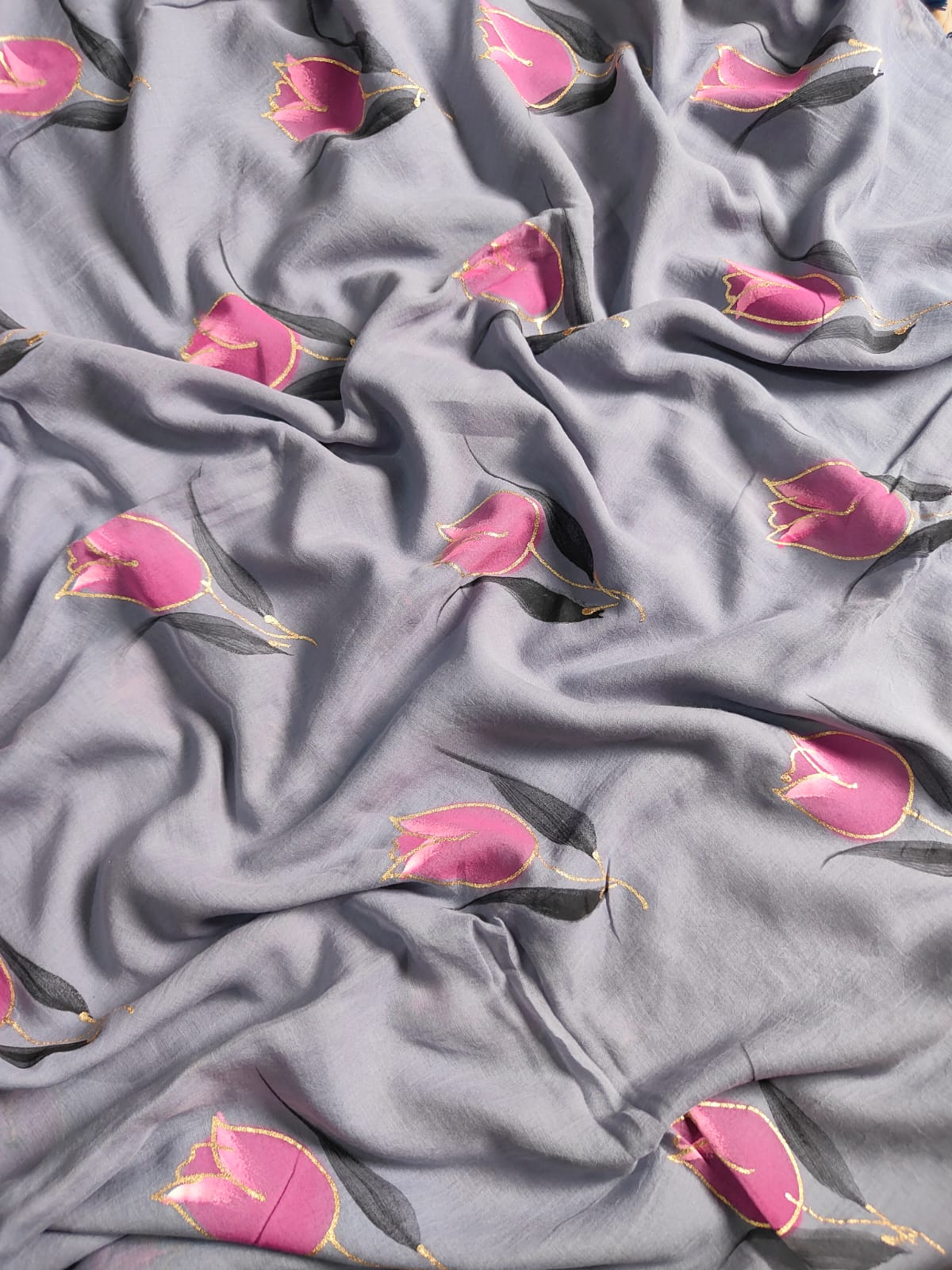 Single tulip hand painted mul cotton saree