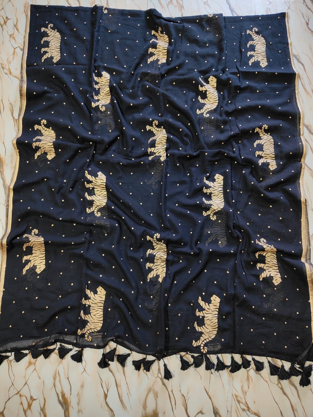 "Royal Bengal Tiger" Gold Print Mul Cotton Saree