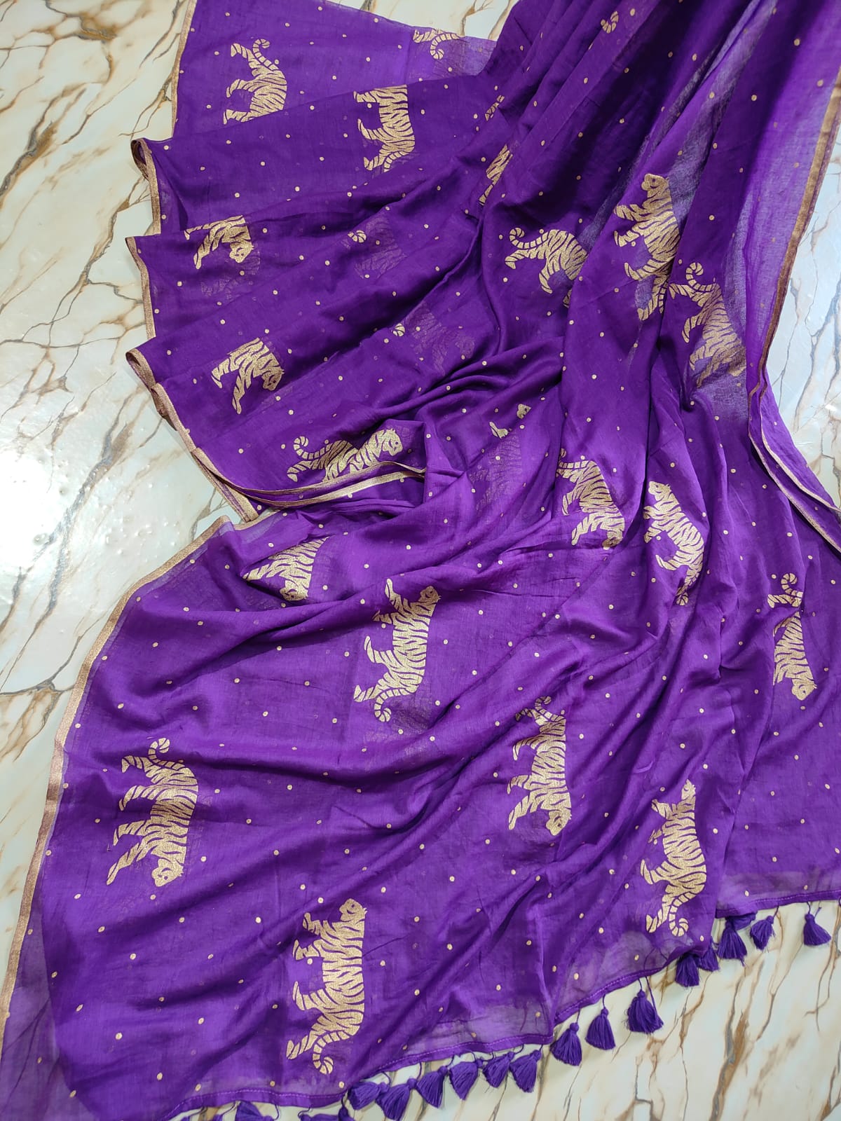 "Royal Bengal Tiger" Gold Print Mul Cotton Saree