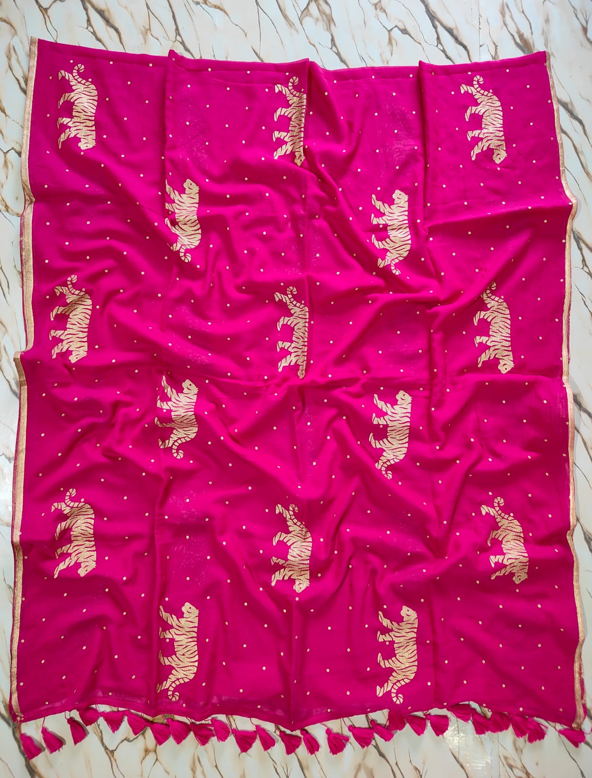 "Royal Bengal Tiger" Gold Print Mul Cotton Saree