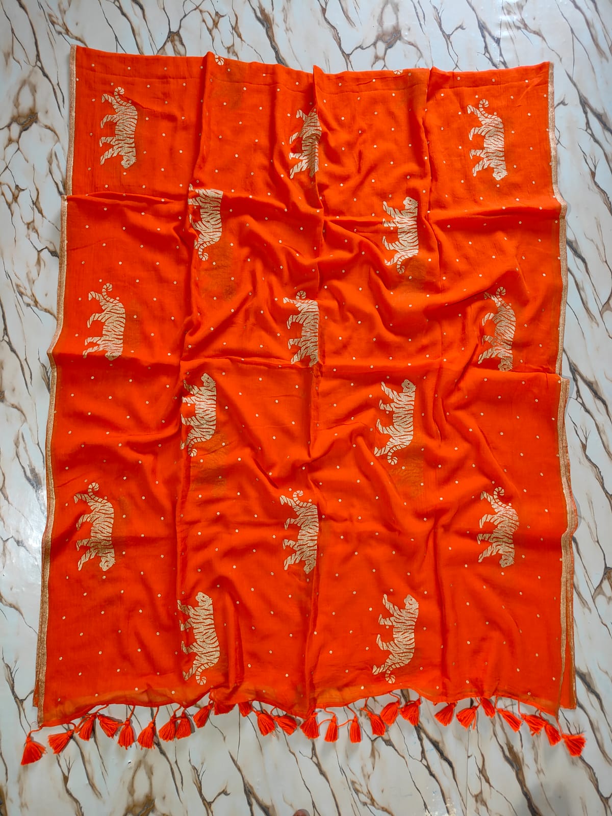 "Royal Bengal Tiger" Gold Print Mul Cotton Saree