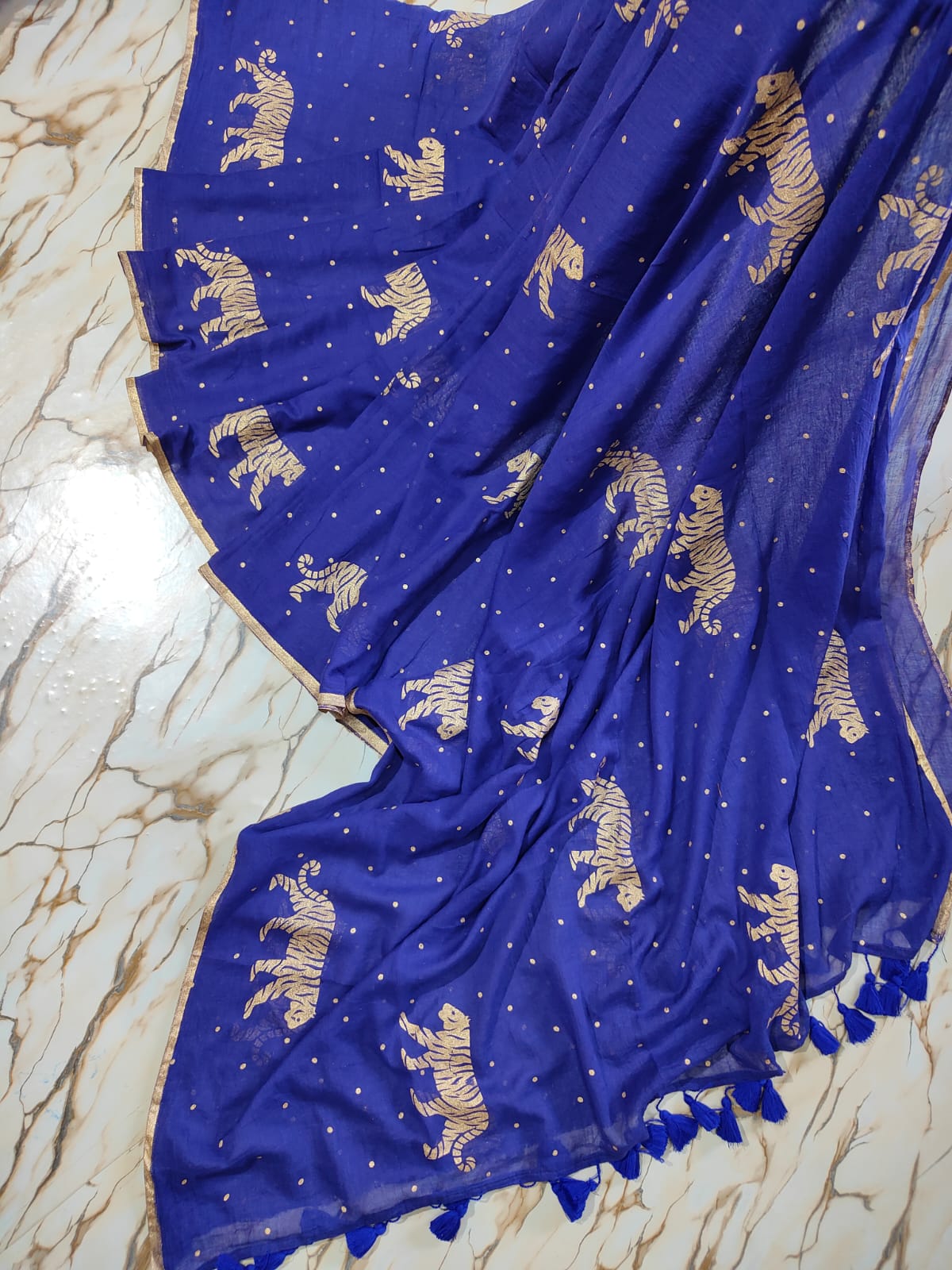 "Royal Bengal Tiger" Gold Print Mul Cotton Saree