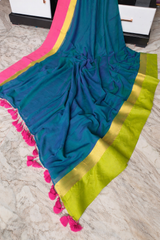 Pink and neon green bordered peacock green mul cotton saree