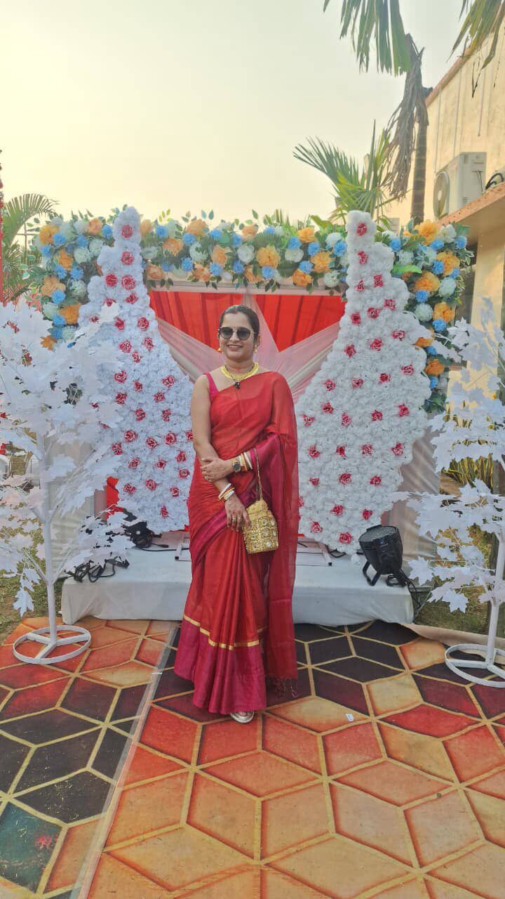 Red with gold and pink  "Designer Molten metals " collection of zari-mul saree