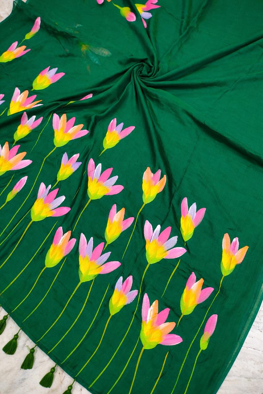 Hand-painted "Water lilies" mul cotton saree