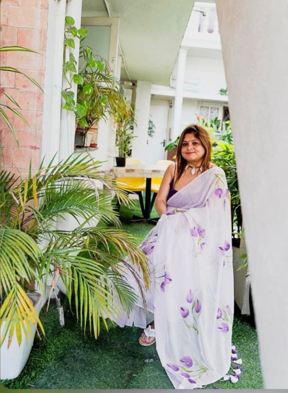 "Lilac" three tulip  hand painted mul cotton saree