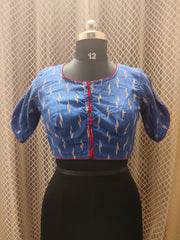 Blue Ikkat blouse with red piping