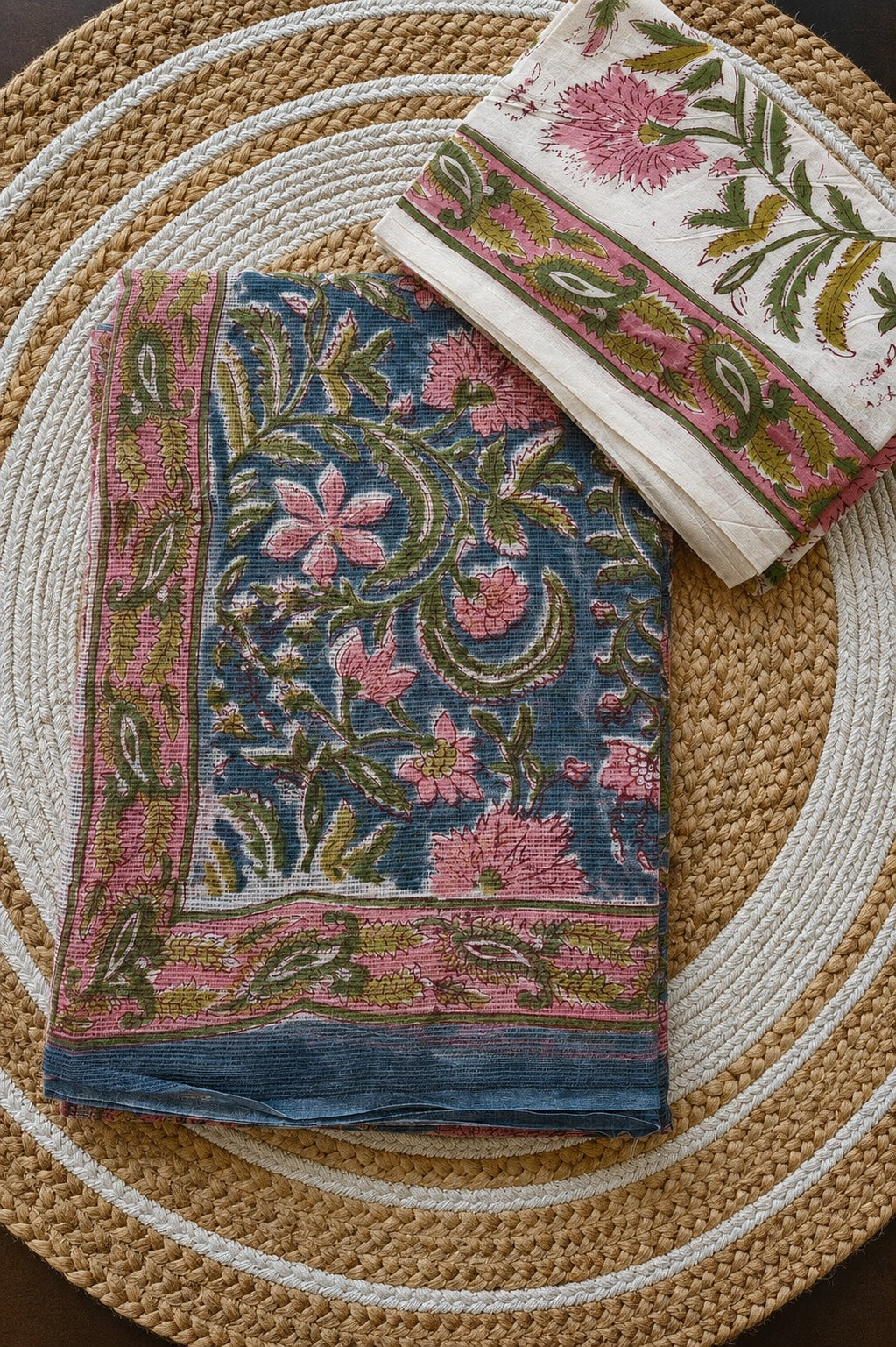 Cotton hand-blocked Kota Doriya sarees with mulmul blouse piece (Sanganeri/Dabu prints)