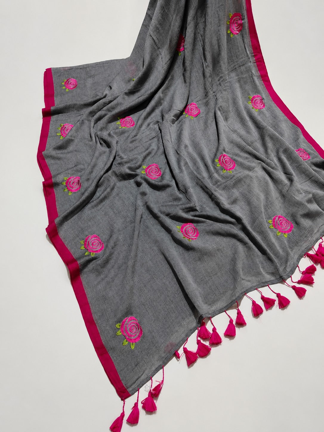 New Rose embroidered mul cotton saree