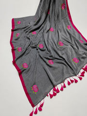 New Rose embroidered mul cotton saree