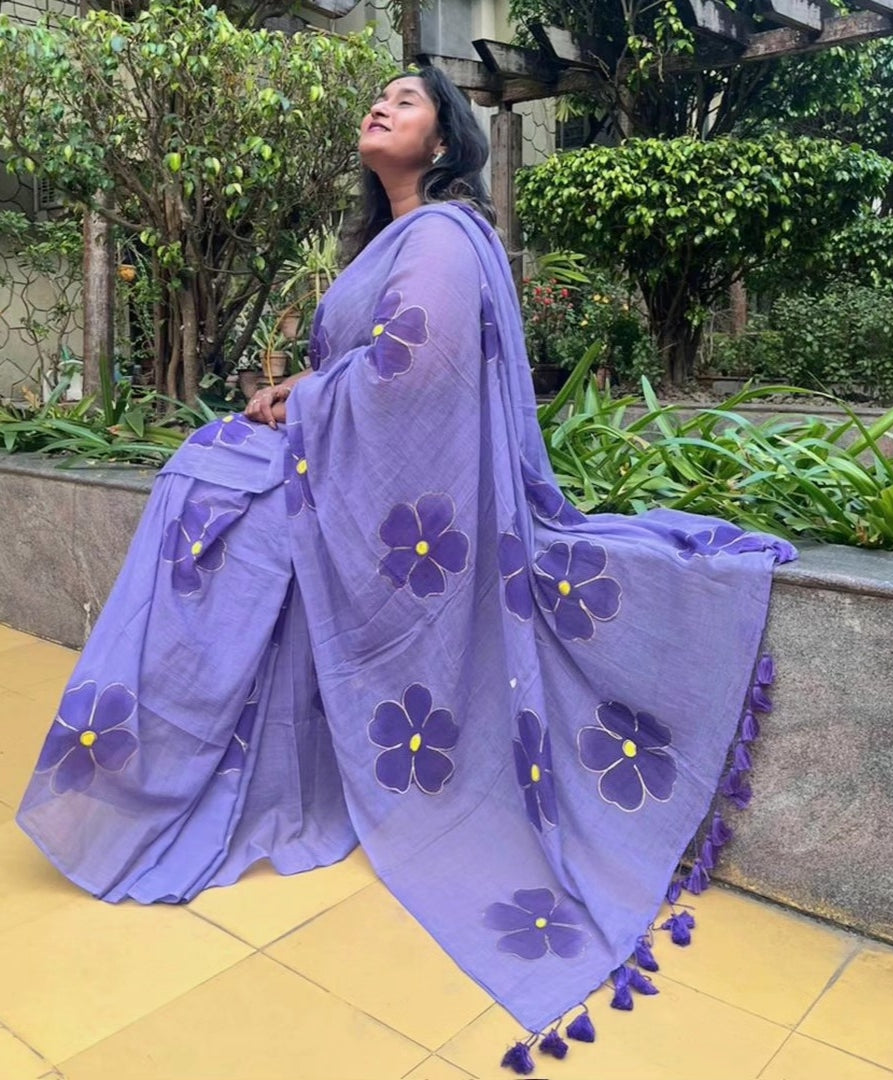 "Periwinkle" handpainted  mul cotton saree