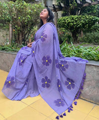 "Periwinkle" handpainted  mul cotton saree