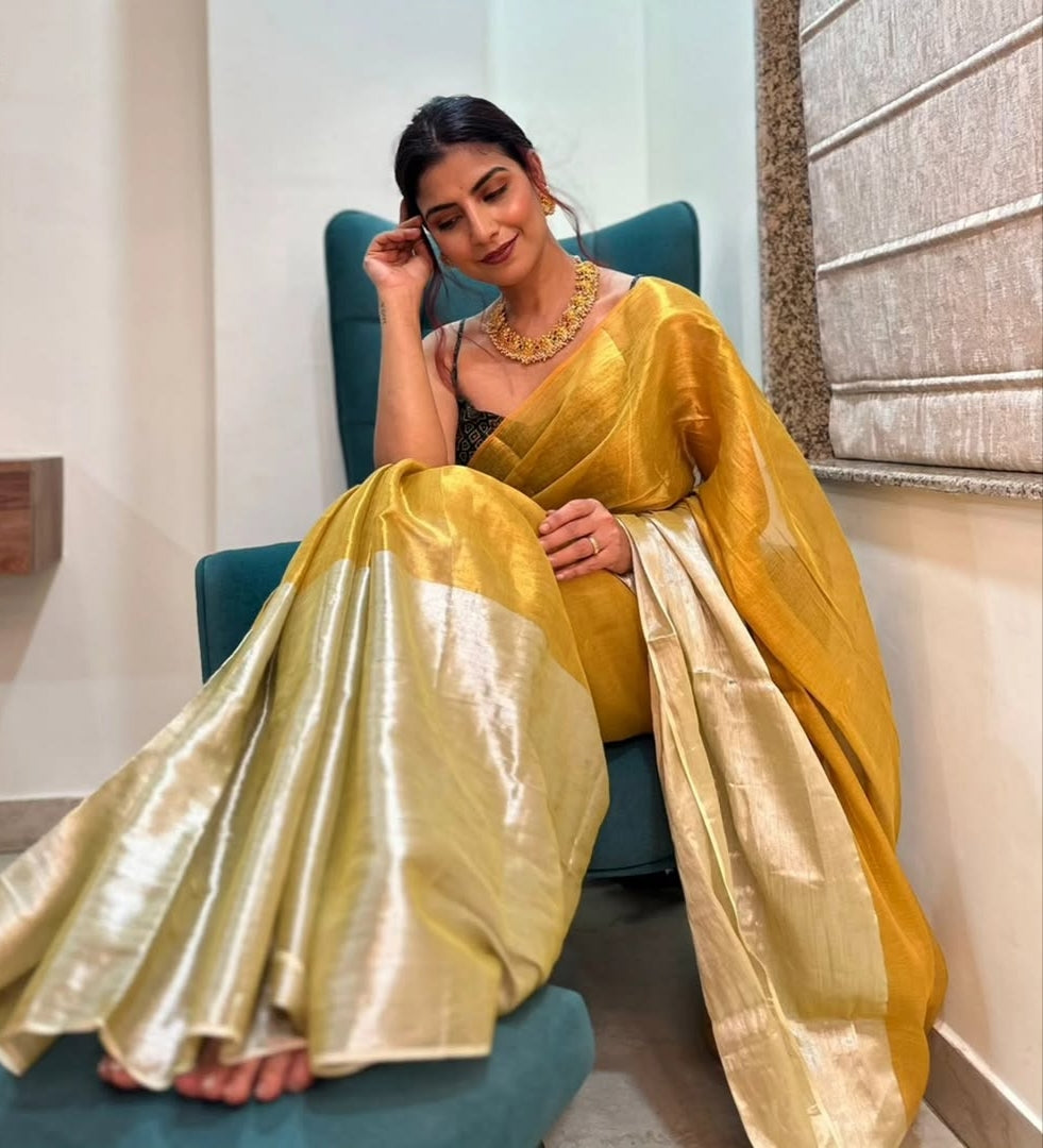 Horizontally half half " Designer Molten Metals " collection of zari- mul saree