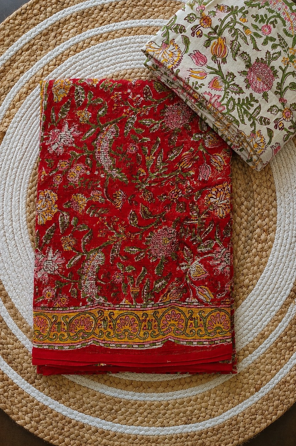 Cotton hand-blocked Kota Doriya sarees with mulmul blouse piece (Sanganeri/Dabu prints)