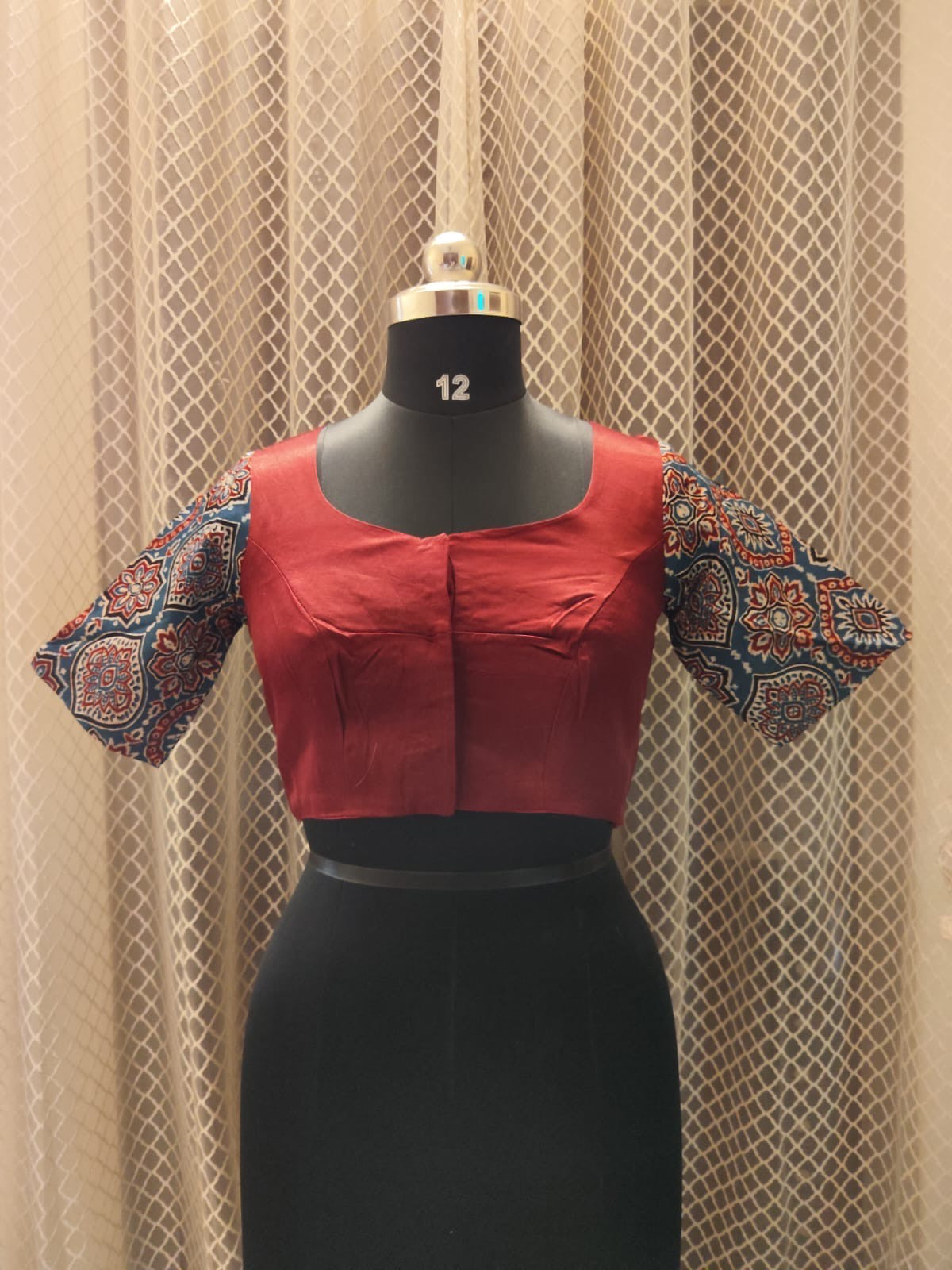Kalamkari sleeved solid designer blouse with back mirror work (Red)