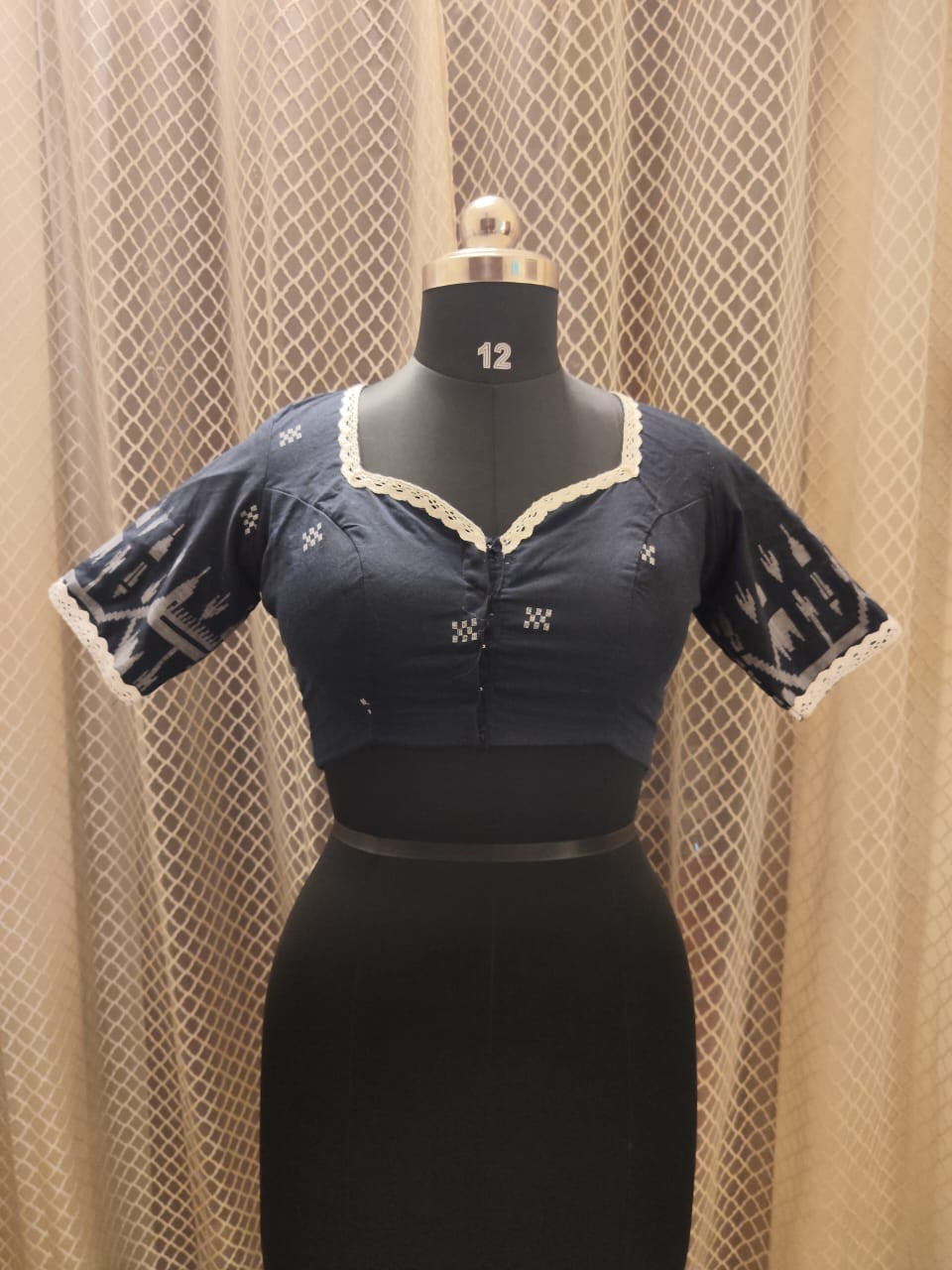Navy blue cotton laced padded Jamdani blouse