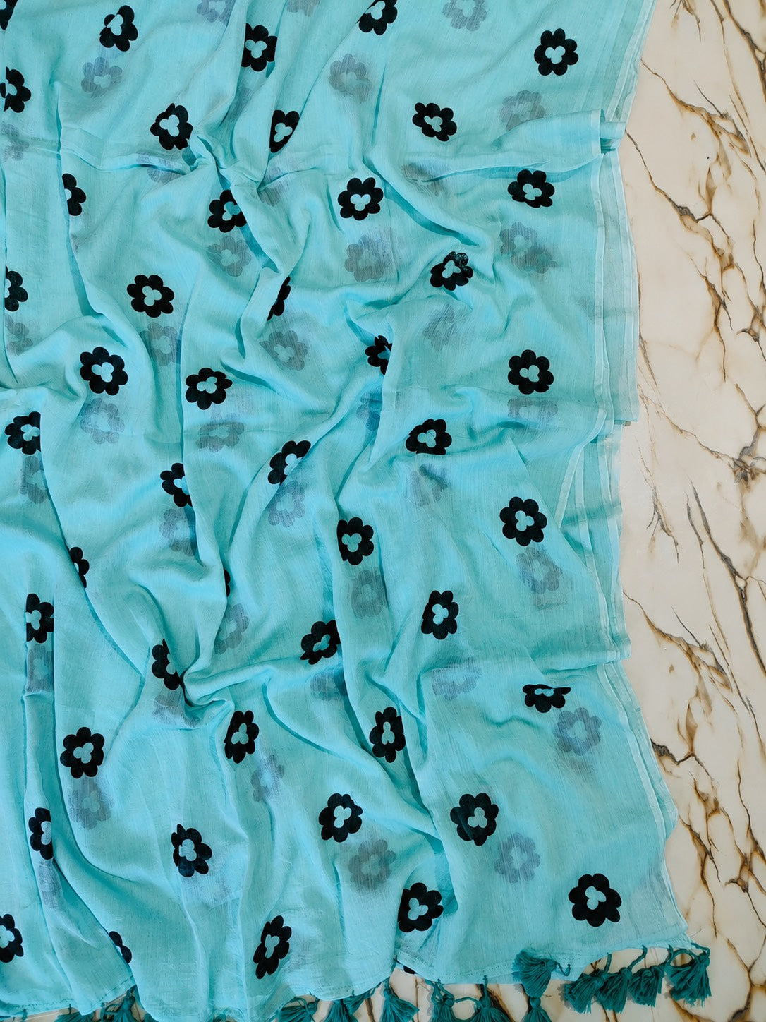 Black bold flower printed mul cotton saree