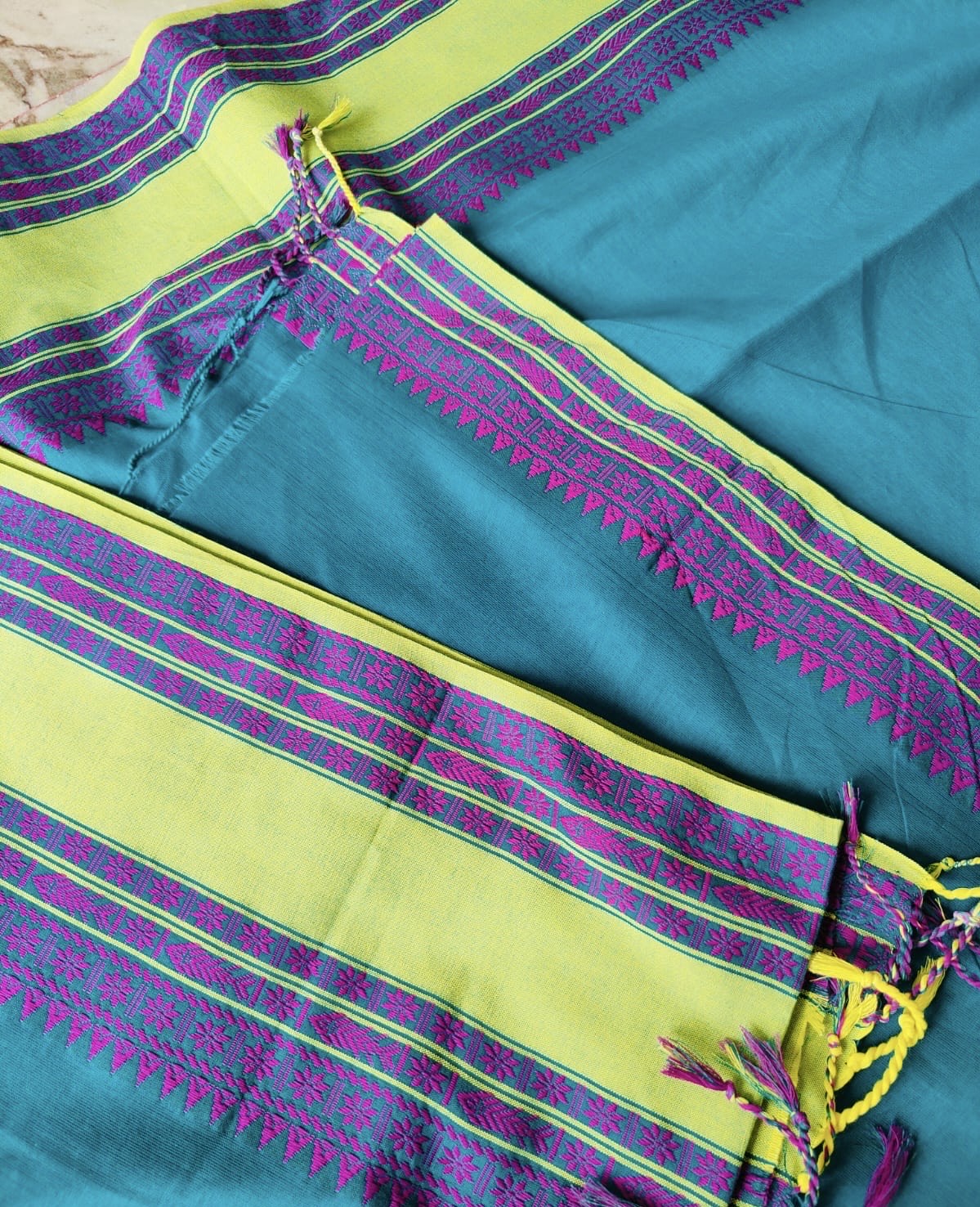 Neon and magenta bordered deep sea green body mercerised cotton saree