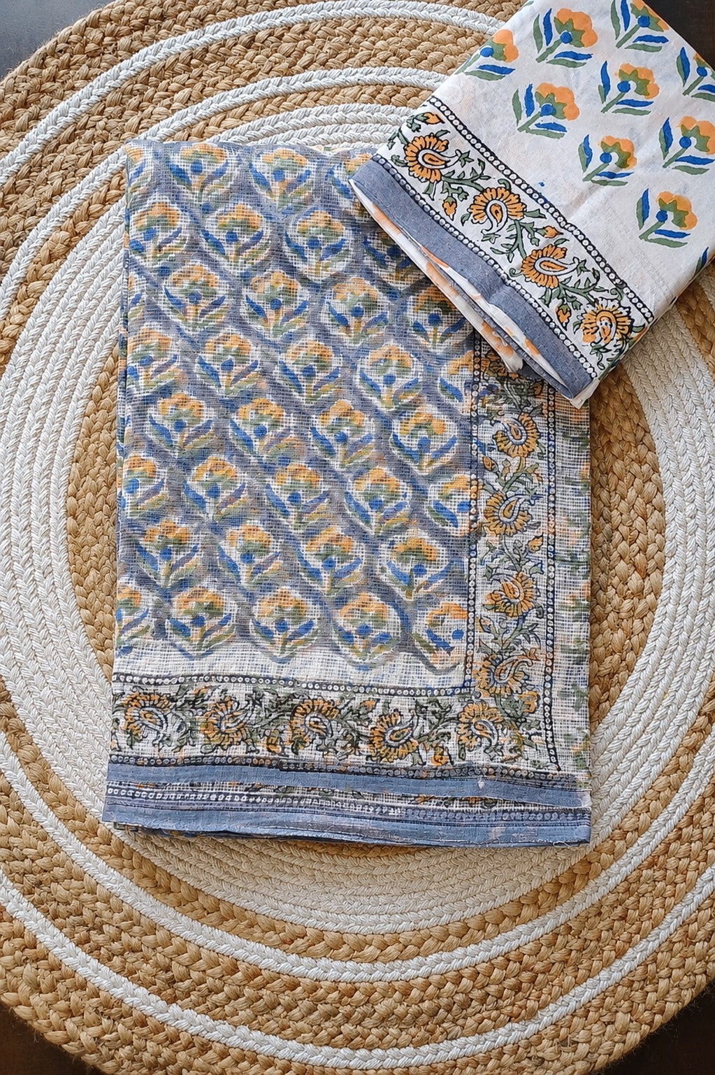 Cotton hand-blocked Kota Doriya sarees with mulmul blouse piece (Sanganeri/Dabu prints)