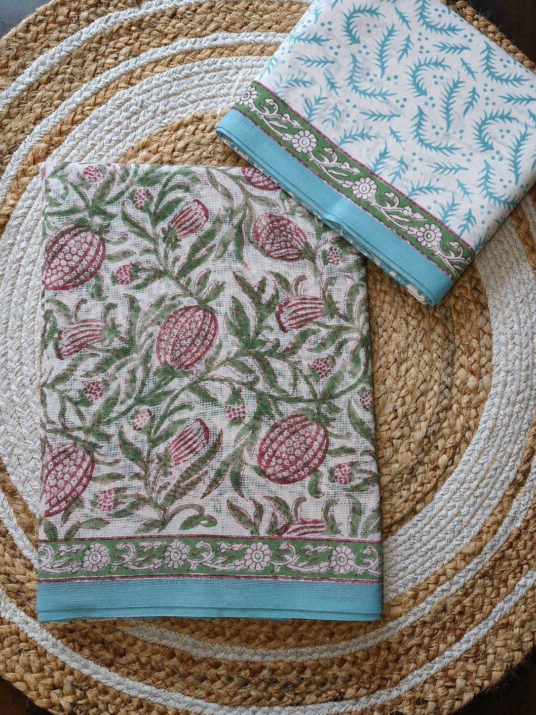 Cotton hand-blocked Kota Doriya sarees with mulmul blouse piece (Sanganeri/Dabu prints)