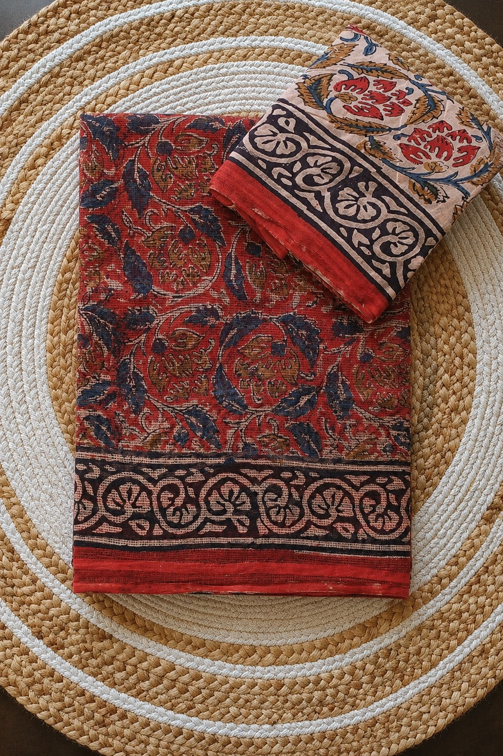 Cotton hand-blocked Kota Doriya sarees with mulmul blouse piece (Sanganeri/Dabu prints)