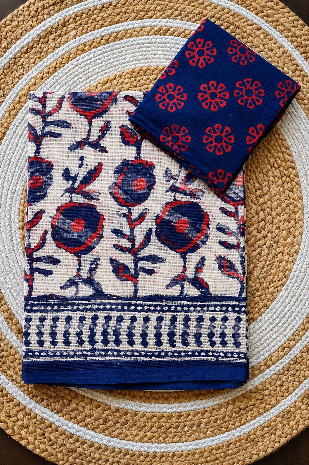 Cotton hand-blocked Kota Doriya sarees with mulmul blouse piece (Sanganeri/Dabu prints)