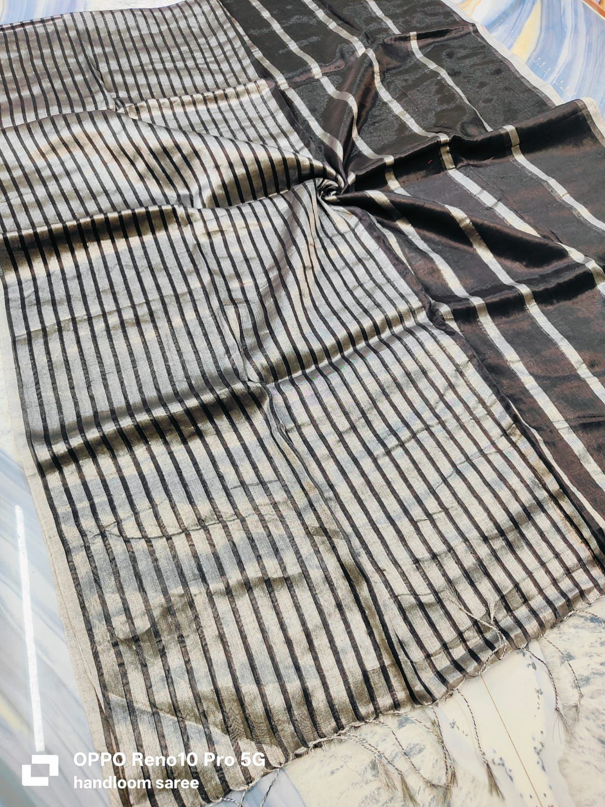 Silver striped black  " Designer Molten Metals " collection of zari-mul saree