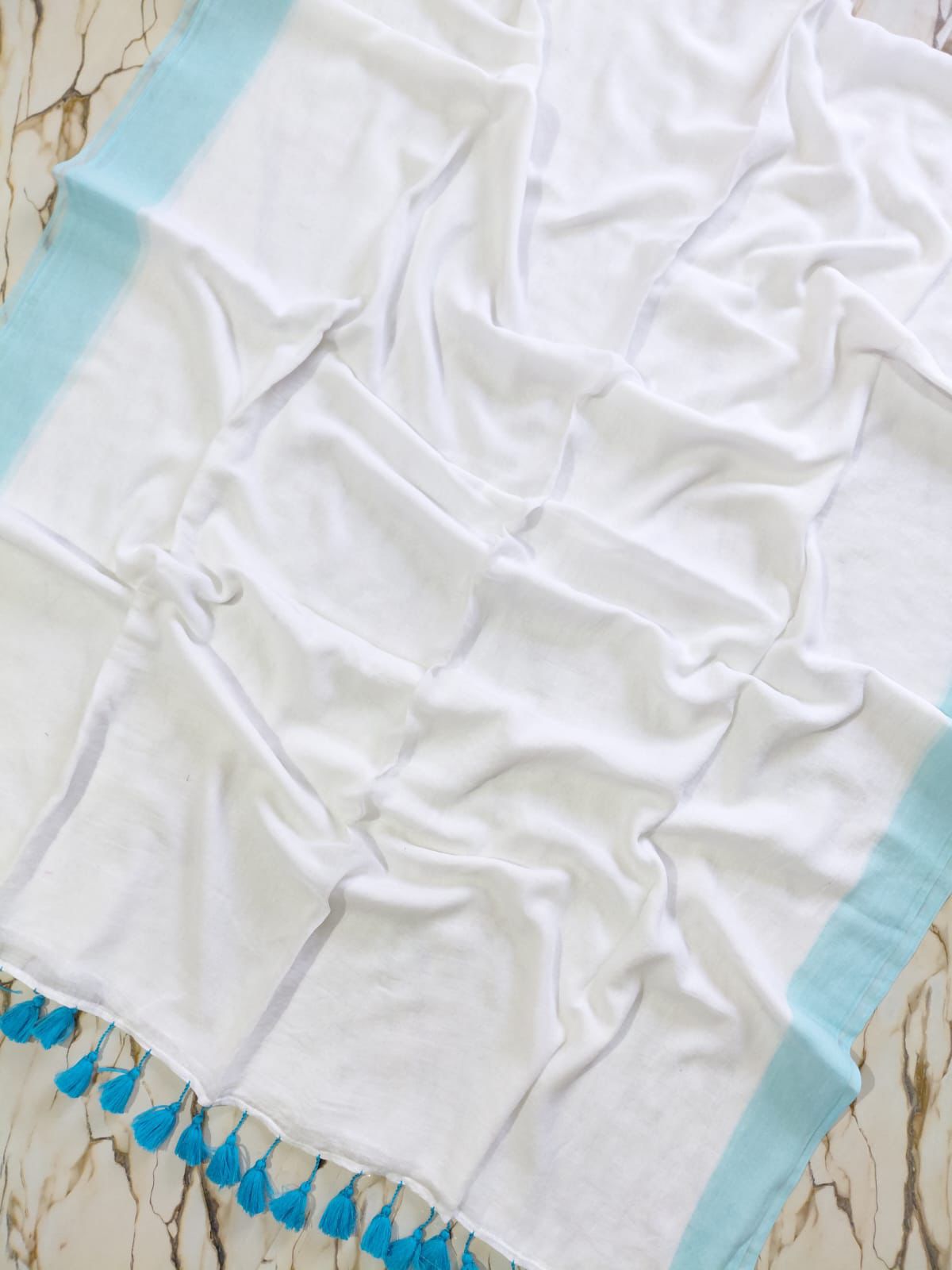 Sky blue bordeded white "Office office " collection of mul cotton saree