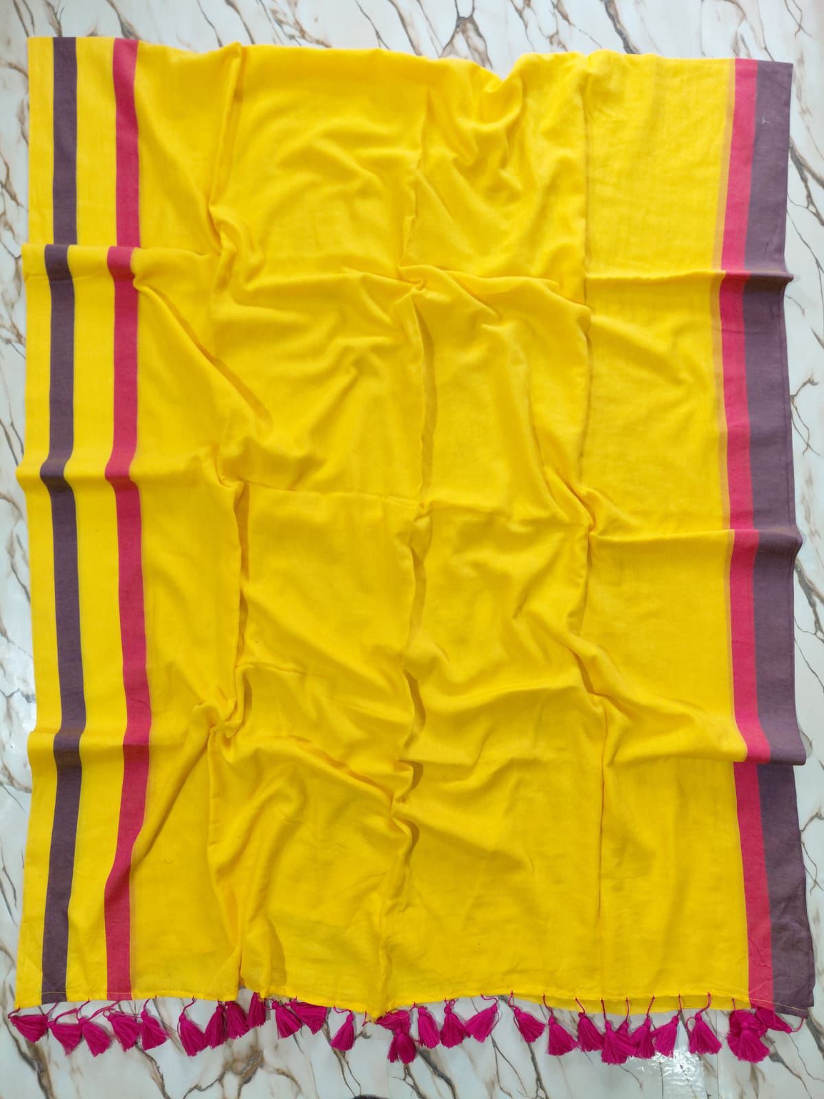 Violet pink bordered yellow "Office office " collection of mul cotton saree