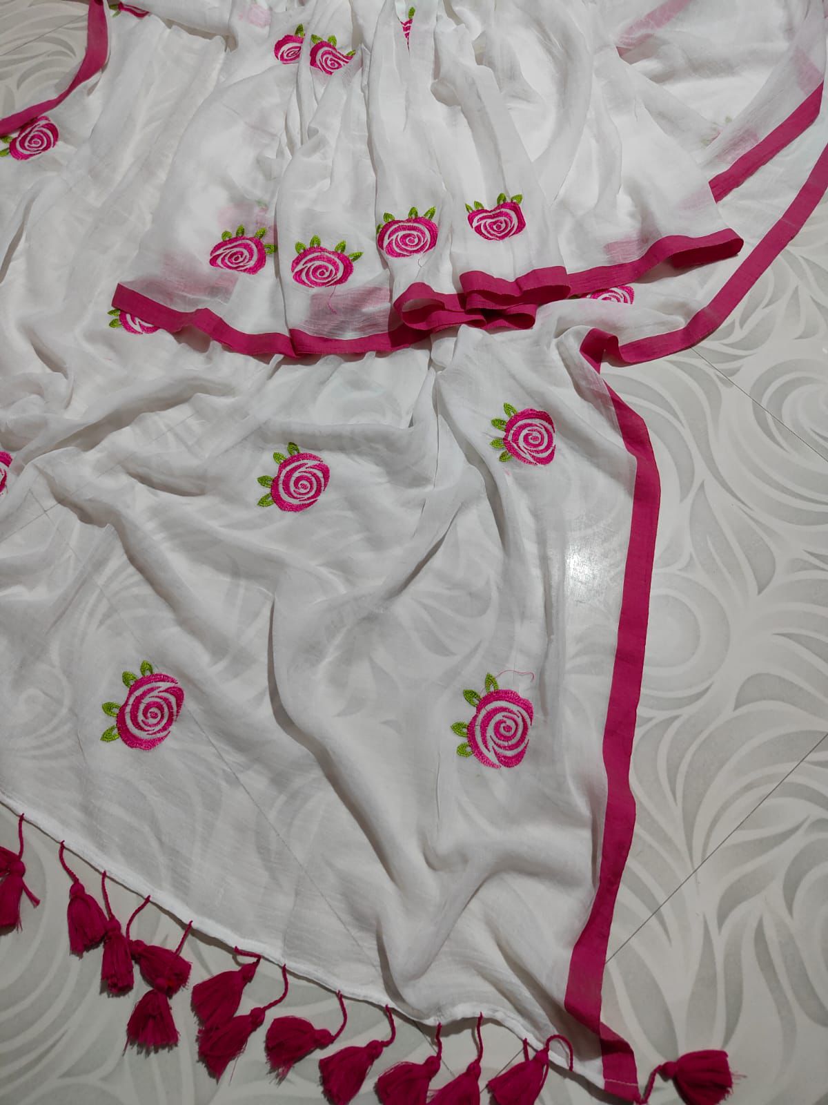 New Rose embroidered mul cotton saree
