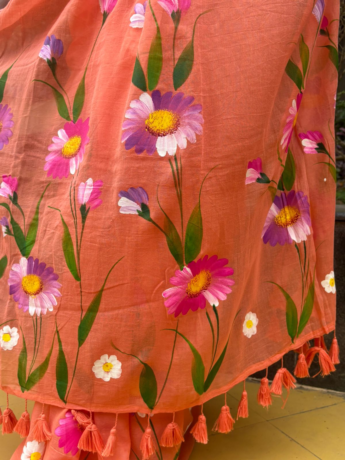 Peach hand painted "Calendula" mul cotton saree