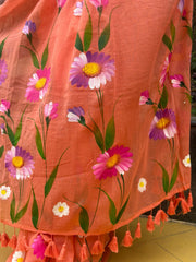 Peach hand painted "Calendula" mul cotton saree