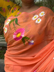 Peach hand painted "Calendula" mul cotton saree