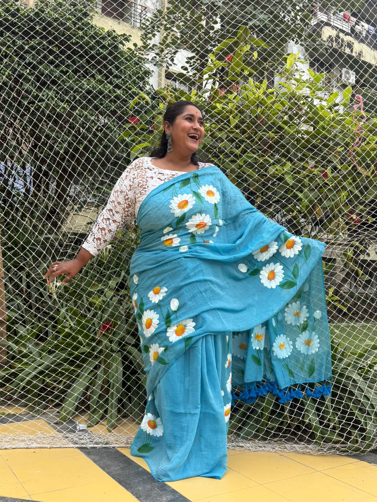 Hand painted " Daisy Nouveau " mul cotton saree