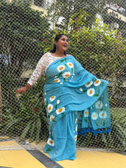 Hand painted " Daisy Nouveau " mul cotton saree