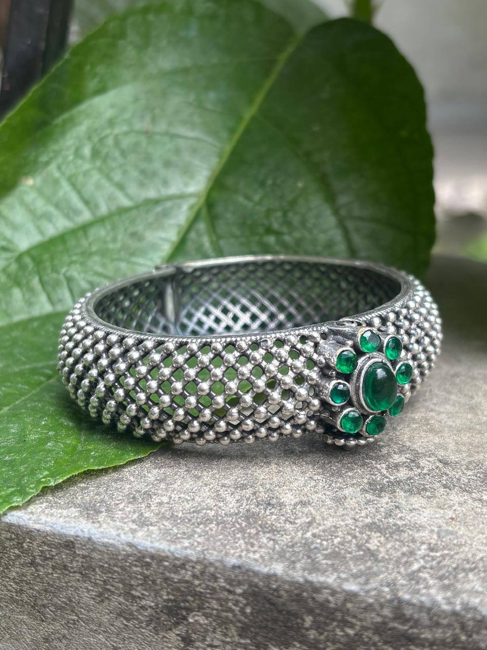 Silver Replica green stone bangle