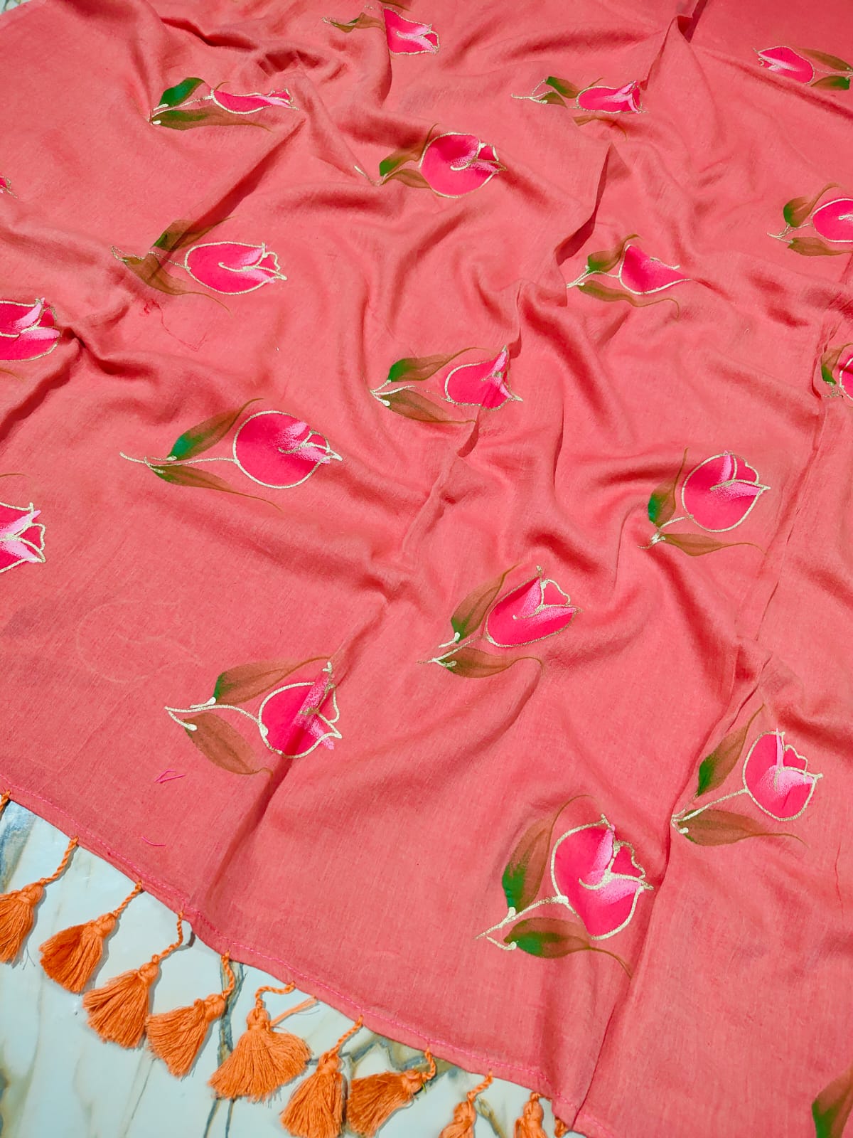 Single tulip hand painted mul cotton saree