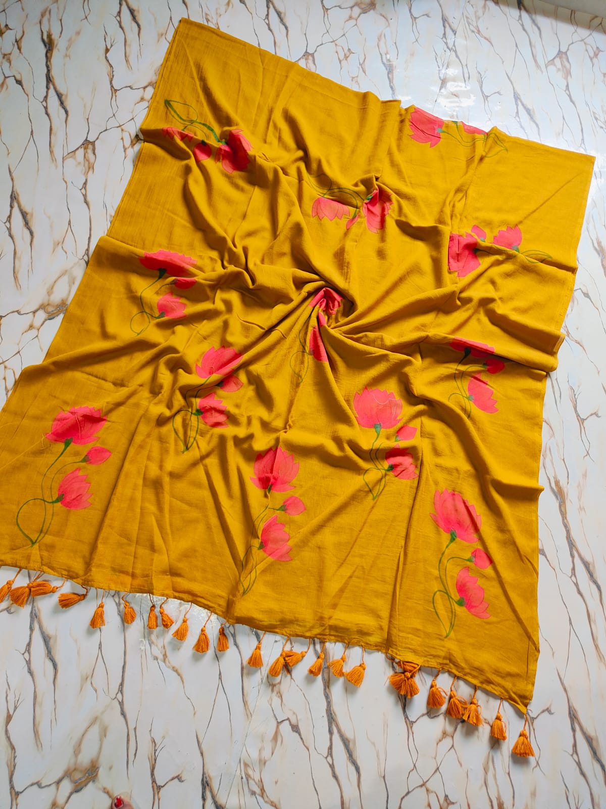 Hand-Painted "Niwi Lotus" Mul Cotton Saree